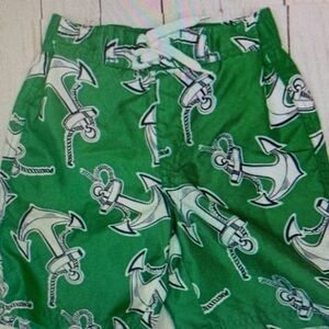 Green Anchor Print Kids Swim Shorts